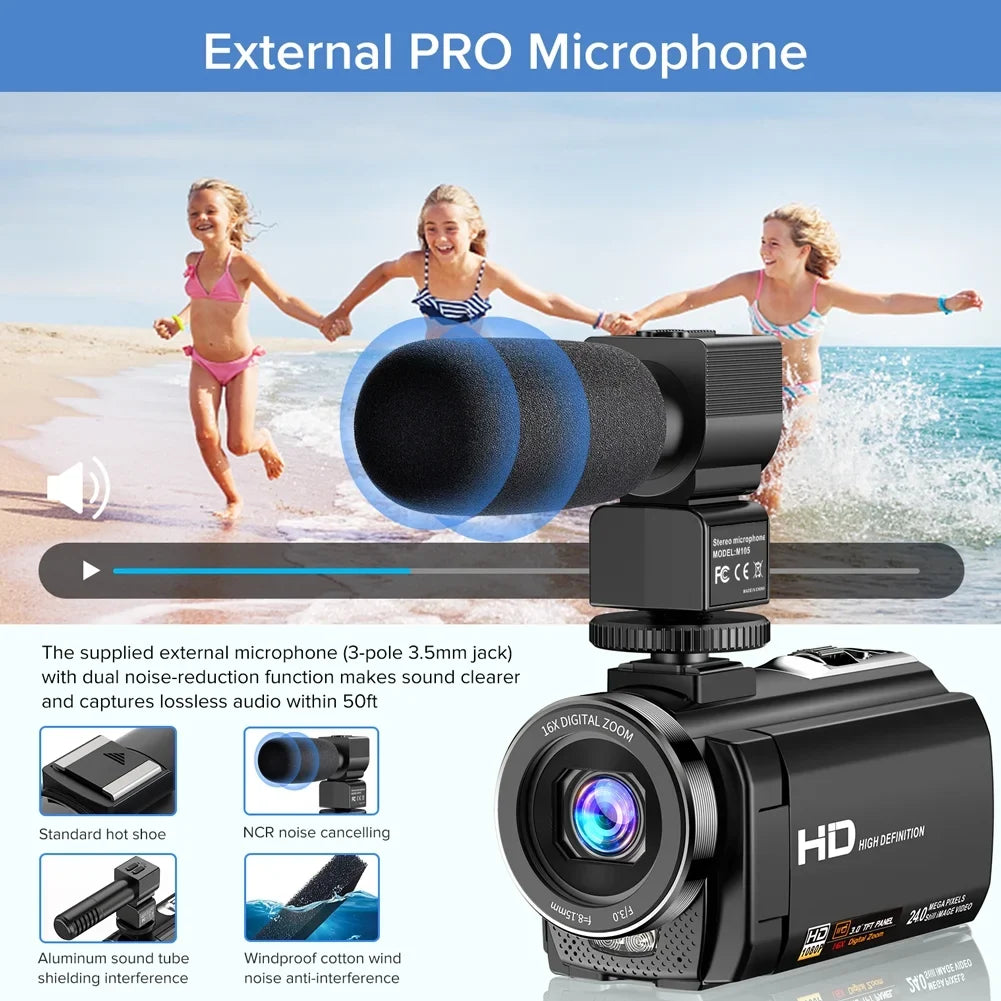 Video Camera Camcorder YouTube Vlogging Camera  1080P 30FPS 24MP 16X Digital Zoom 3"  270 Degrees Rotatable Screen Digital Camera Recorder with Microphone,Remote Control,2 Batteries