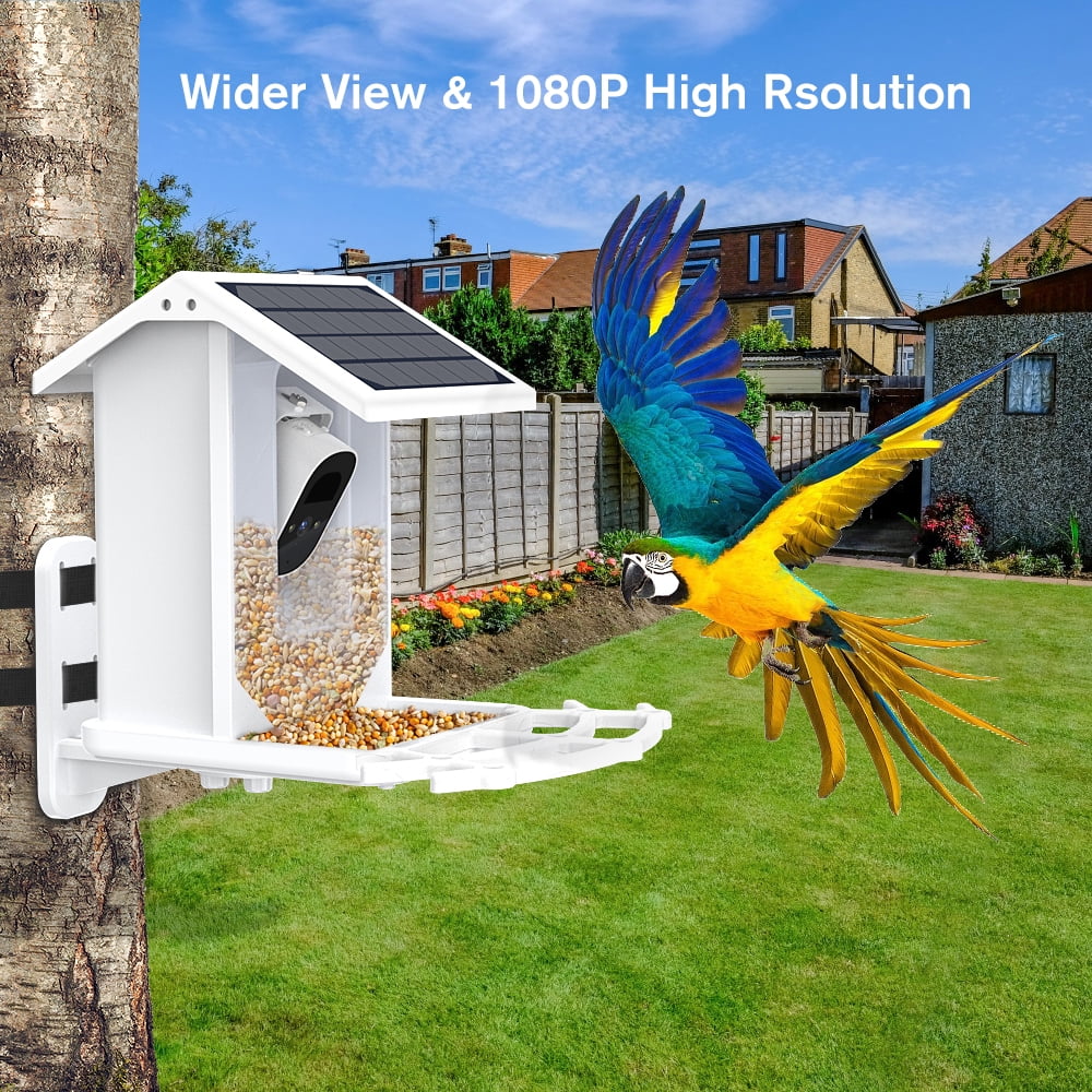 Smart Bird Feeder with Camera, 1080P  Camera Auto Capture Bird Videos & Solar Panel,  Identify Bird Species,  Control 2.4G Wi-Fi Bird House, White