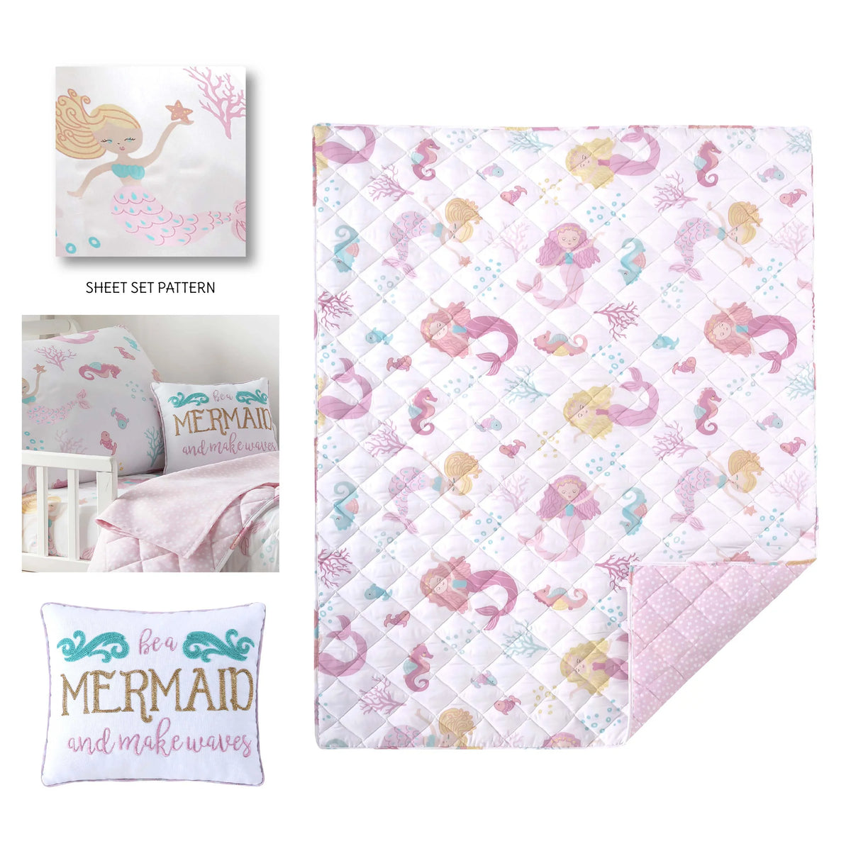 Levtex Baby - Mermaid Toddler Bed Set - Pink, Aqua, Taupe - Floral - 5 Piece Set Includes Reversible Quilt, Fitted Sheet, Flat Sheet, Pillow Case, Decorative Pilow