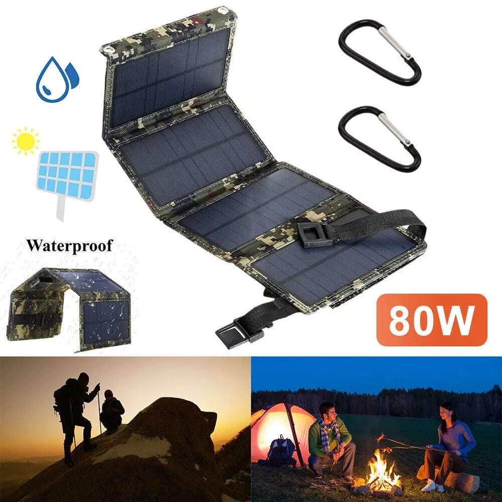 80W  Solar Panel Folding Power Bank Outdoor Camping Hiking Phone Charger