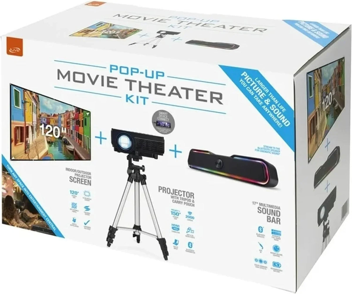 iLive Popup Theater Kit Bundle 2023 With  Cord: 1080p  Mini Projector, 120" Screen, Bluetooth Soundbar, 42" Tripod - Perfect for Home Cinema, Gaming & Outdoor Movies