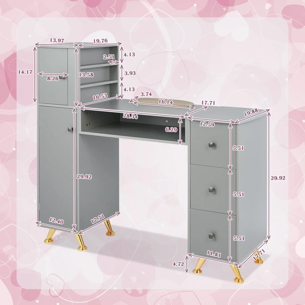 Manicure Table Nail Desk for Technician w/Wrist Rest & Plastic Table Mat, Acetone Resistant Nail Table Station w/Large Capacity Storage Space, for Home Spa Beauty Salon - Grey