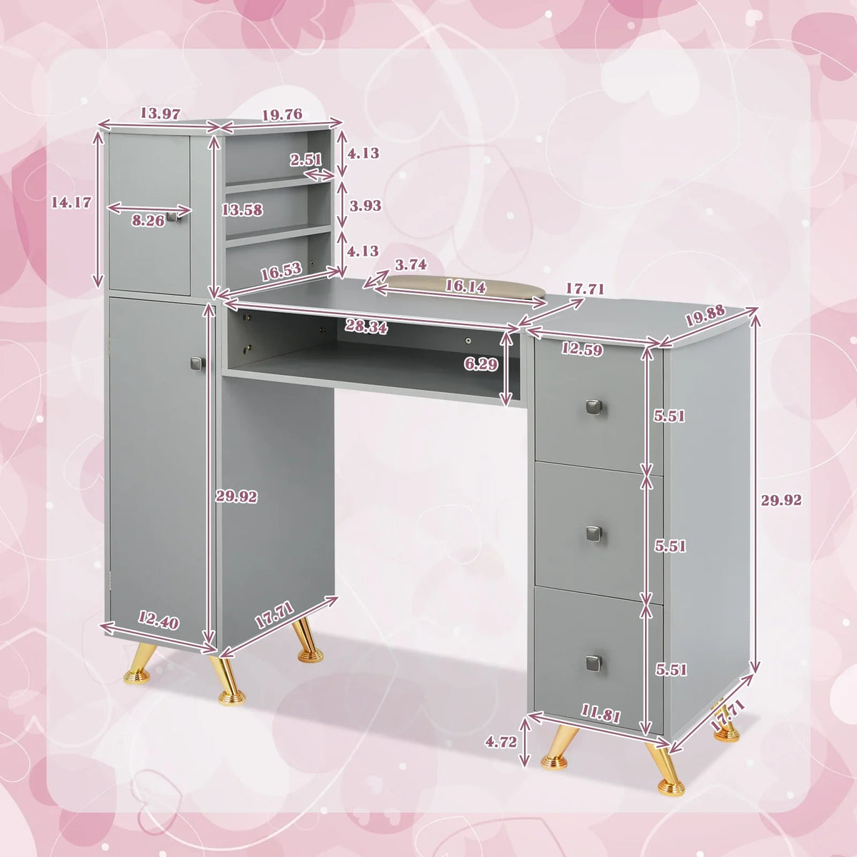 Manicure Table Nail Desk for Technician w/Wrist Rest & Plastic Table Mat, Acetone Resistant Nail Table Station w/Large Capacity Storage Space, for Home Spa Beauty Salon - Grey