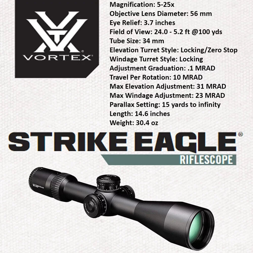 Vortex Optics Strike Eagle 5-25x 56  -7C () Riflescope with Lens Cleaning Pen and Free Hat