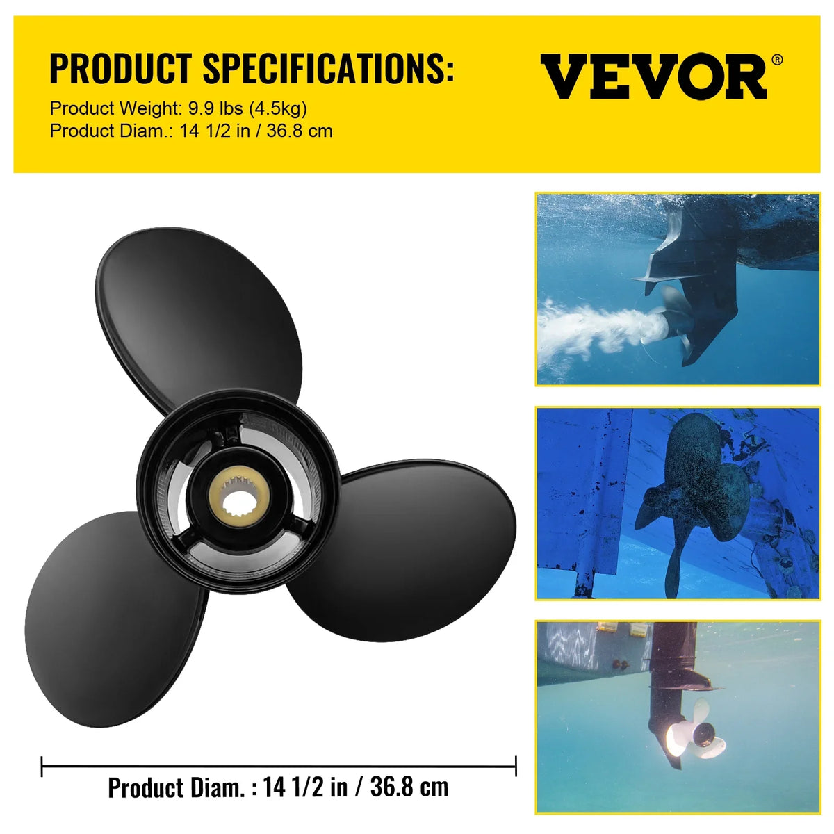Outboard Propeller, 3-Blade 14.5" x 19" Boat Propeller, Replace for  3817468, Compatible with  Sterndrives Outboard Volvo Penta Engine, Right-handed Aluminium Propeller & 19 Spline Teeth