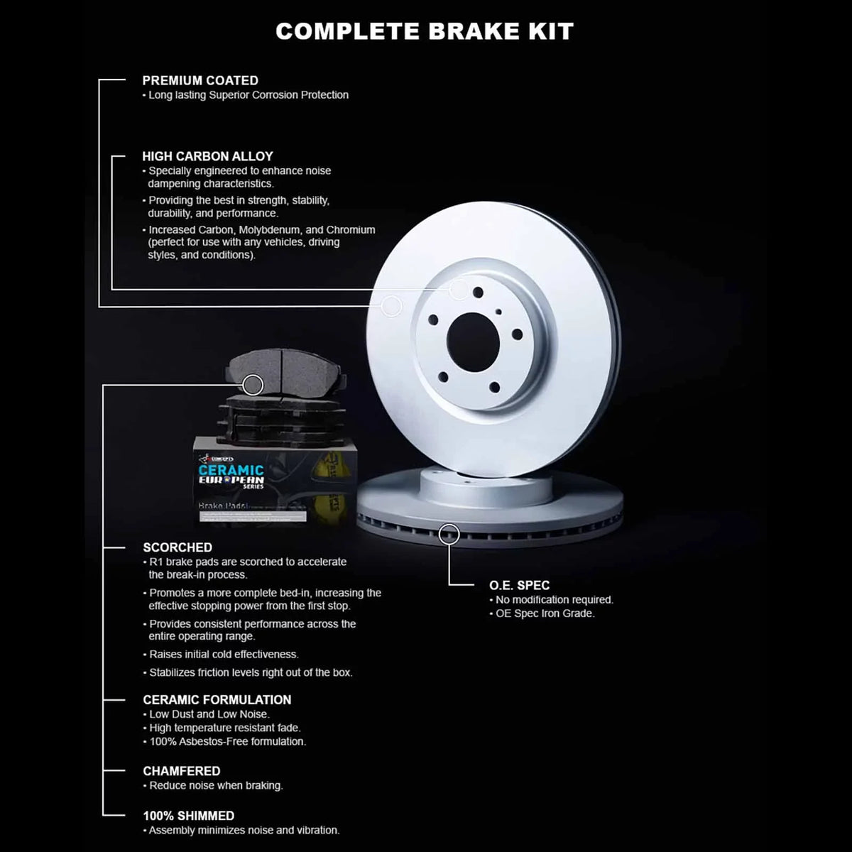 R1 Concepts Wdth1 59006 R1 Brake Rotors Carbon Coated W/ Euro Ceramic Pads & Fits select: 2017-2020
