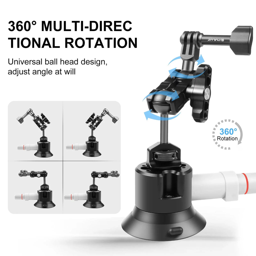 PU845B Suction Cup Mount for Action Camera Suction Camera Mount Bracket Dual 360° Rotatable Ballheads Replacement for GoPro Hero 11/10/9/8, Osmo Action 3/2
