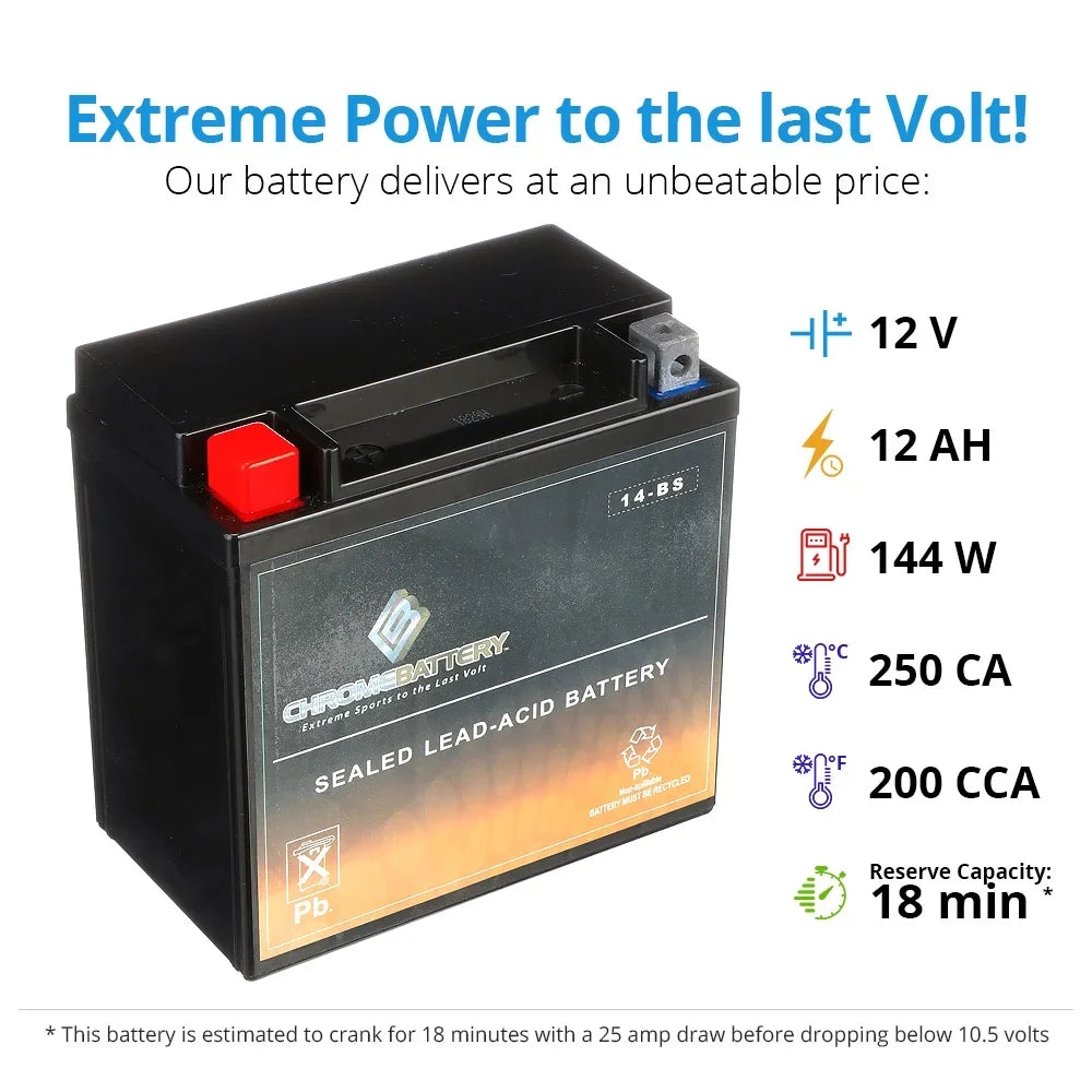 Chrome Battery YTX14- (14- 12 Volt,12 Ah, 200 ) Motorcycle Battery for Honda 1100cc Vt1100c, C3, T Shadow (spirit, Aero, A. C. E. Tourer) 2003