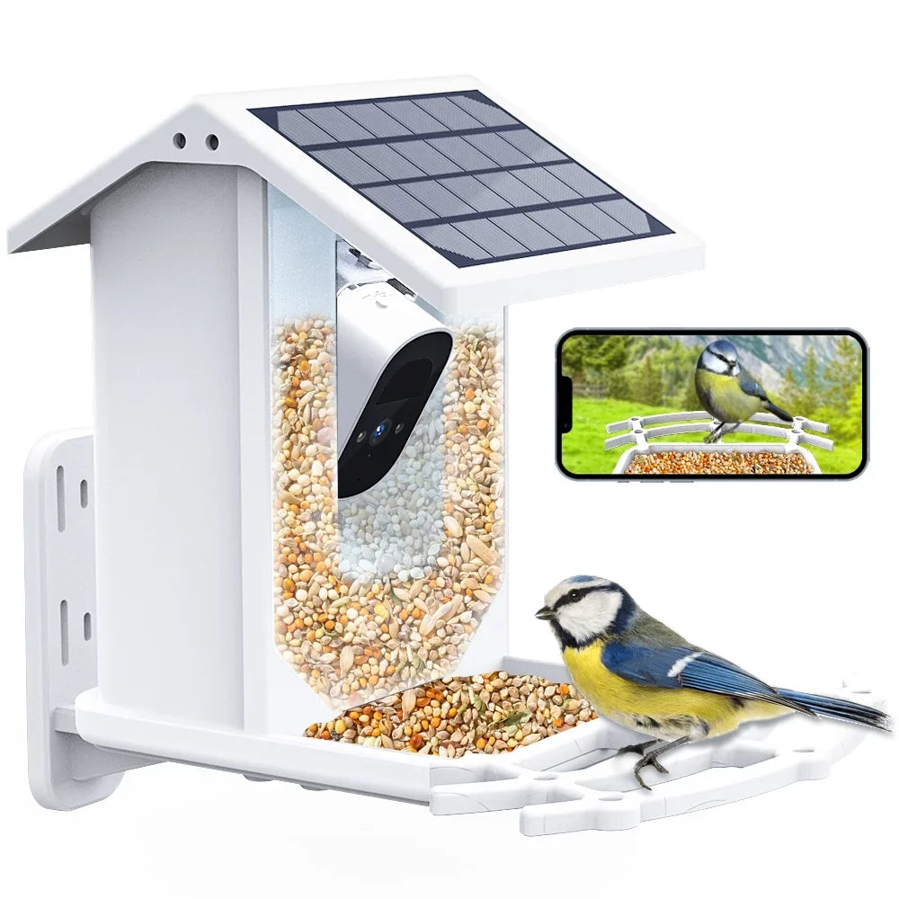 Smart Bird Feeder with Camera, 1080P  Camera Auto Capture Bird Videos & Solar Panel,  Identify Bird Species,  Control 2.4G Wi-Fi Bird House, White