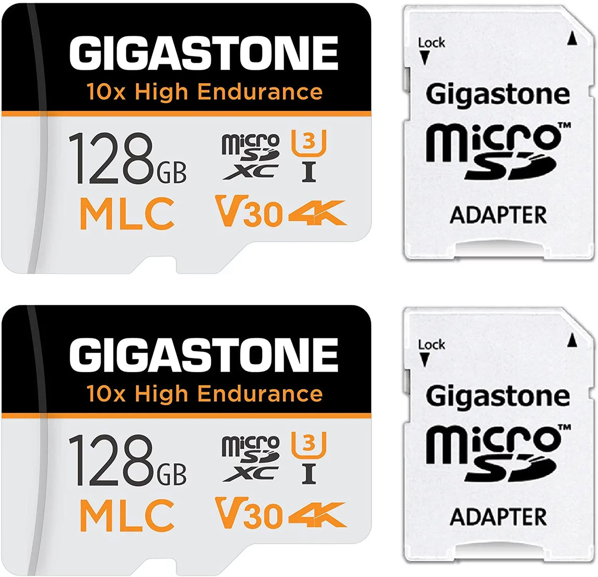 [10x High Endurance] Gigastone 128GB 2-Pack  Micro  Card, 4K Video Recording, Security Cam, Dash Cam, Surveillance Compatible 100MB/s, U3 C10, with Adapter