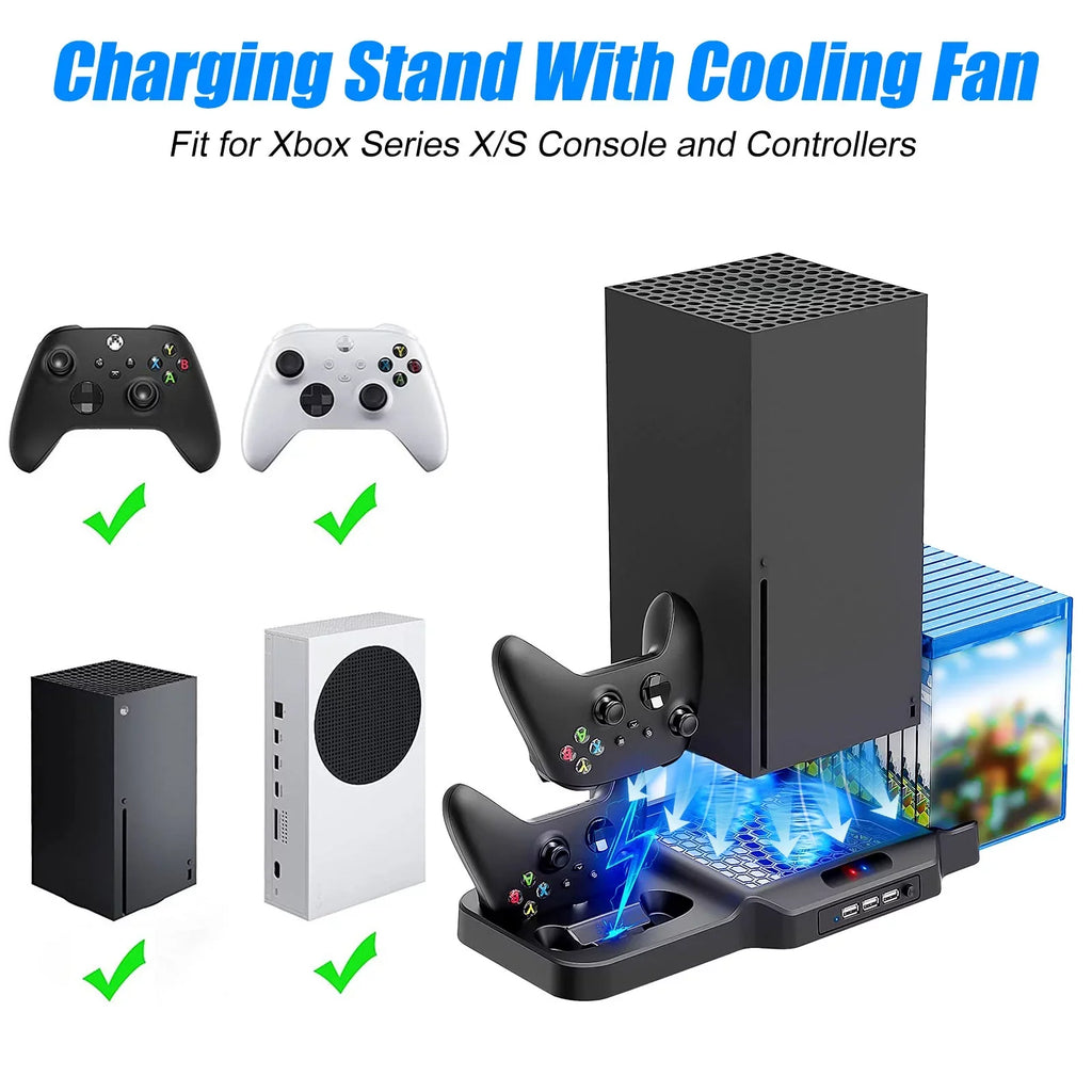 Vertical Stand Fit for Xbox Series X/S with 2 Cooling Fans, EEEkit Dual Controller Fast Charging Dock Station Fit for Xbox Series S/X with 3  Ports, 11 Game Disc Slots