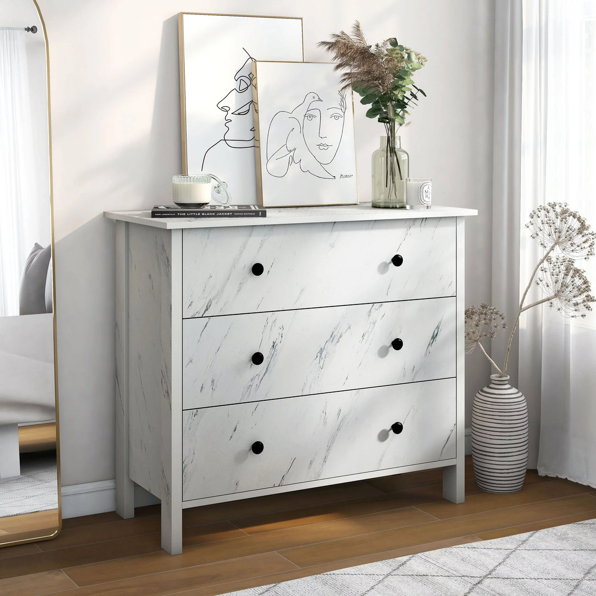 Denhour   Transitional 34-inch Wide 3-Drawer Neutral Youth Dresser by  White Marble