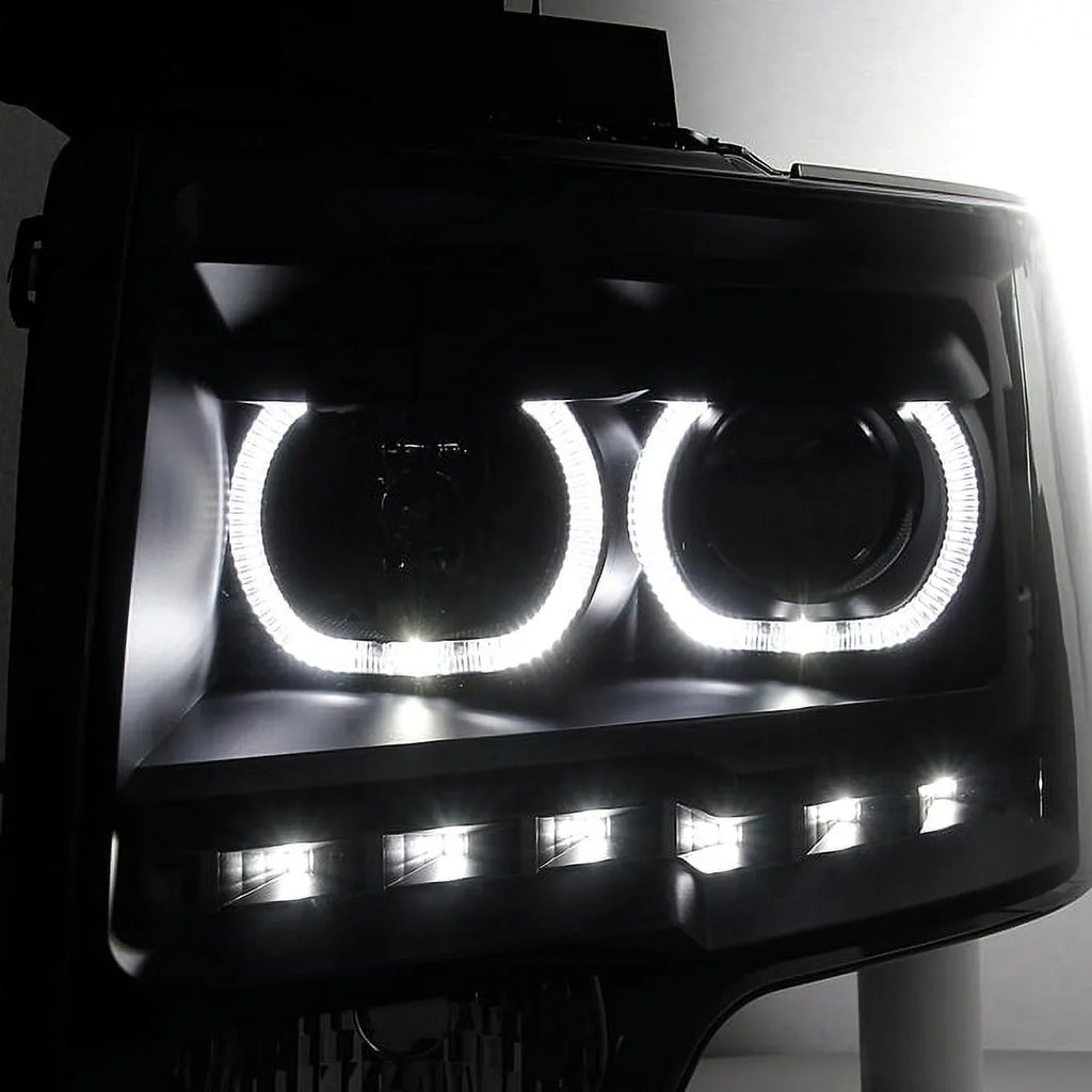 '- For 2009-2014 Ford F150 Dual  Halo Projector Black Smoke Headlight + C-Shape  Strip Tail Lamp