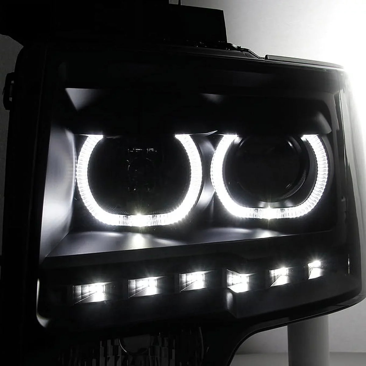 '- For 2009-2014 Ford F150 Dual  Halo Projector Black Smoke Headlight + C-Shape  Strip Tail Lamp
