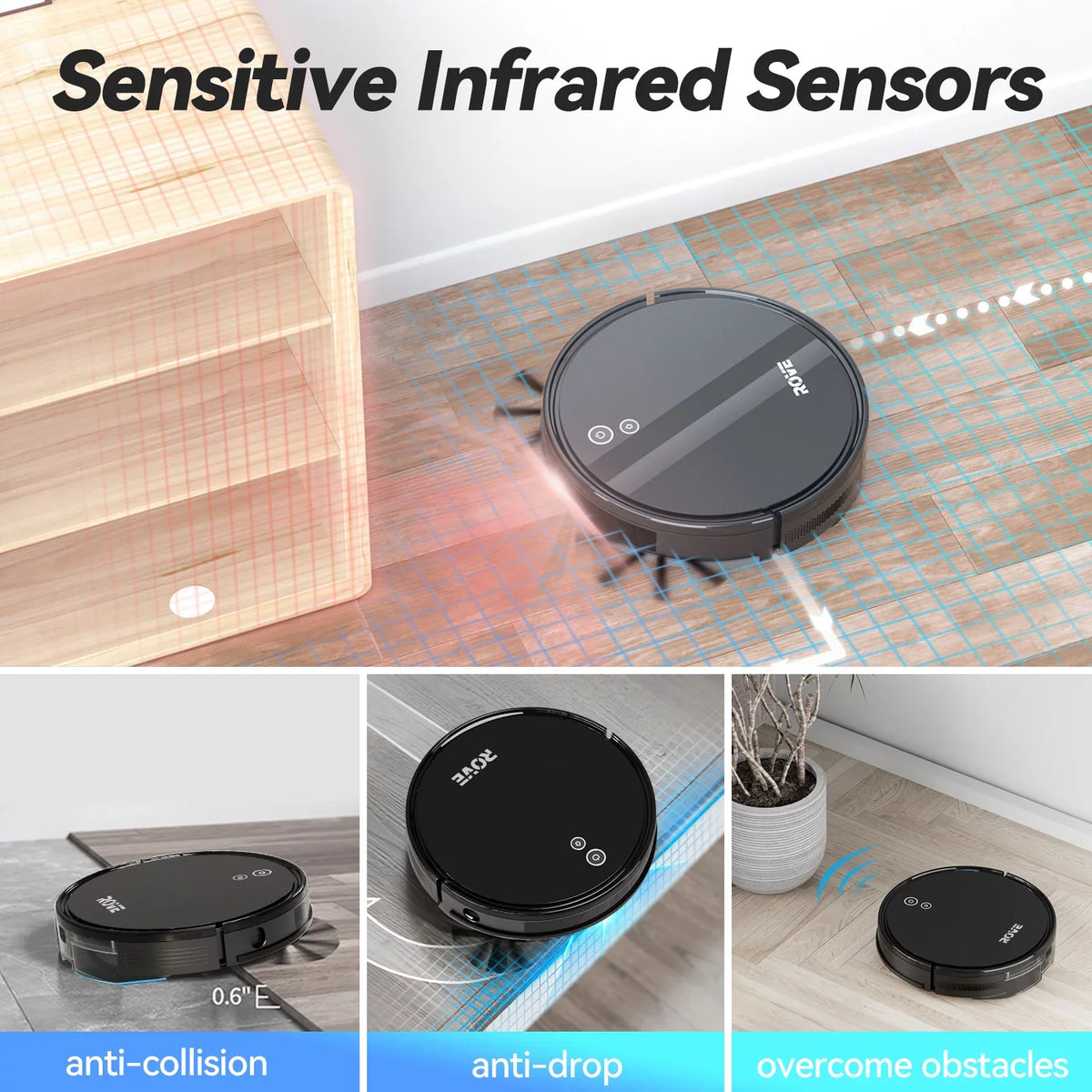 Rove Robot Vacuum Cleaner, 2000 Pa Strong Suction & 2600mAh Battery Life Robotic Sweeper with 600ML Dustbin, Automatic Self-Charging, Ideal for Pet Care, Hard Floor and Low Pile Carpet