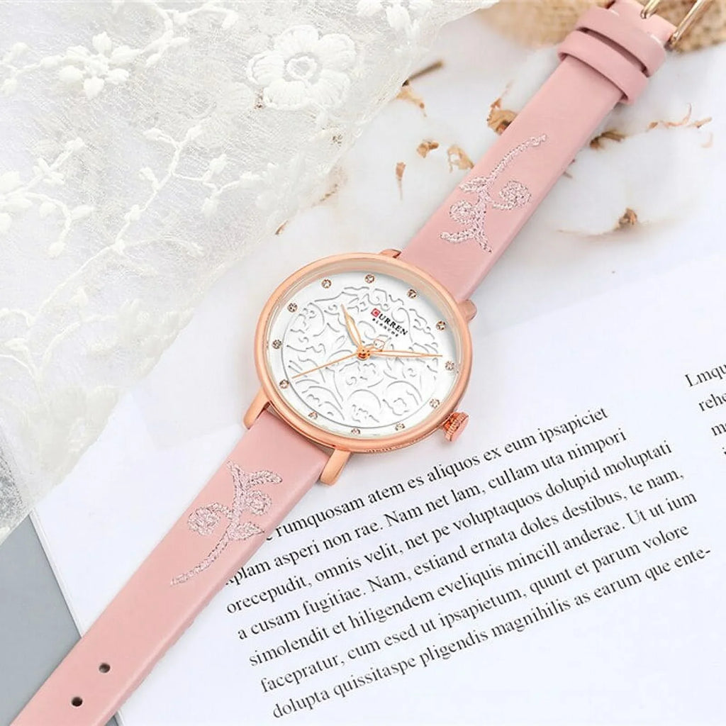 Top Brand Curren Women Watches Pink Leather Wristwatch With Rhinestone Ladies Clock Fashion Luxury Quartz Watch Relogio Feminino - Quartz Wristwatches