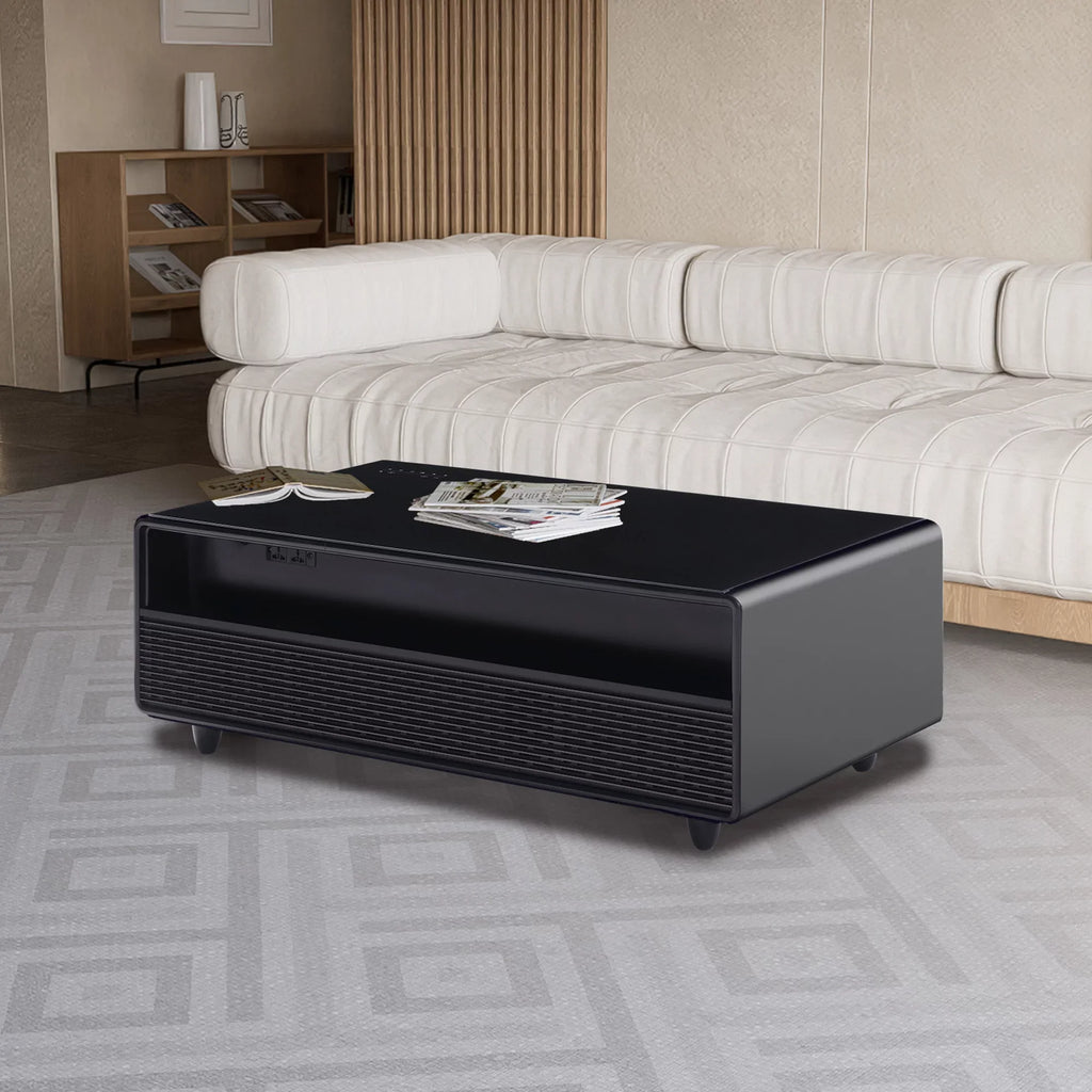 Modern Smart Coffee Table with Built-in Fridge, Bluetooth Speaker, Wireless Charging Module, Touch Control Panel, Power Socket,  Interface, Outlet Protection, Atmosphere light, Black