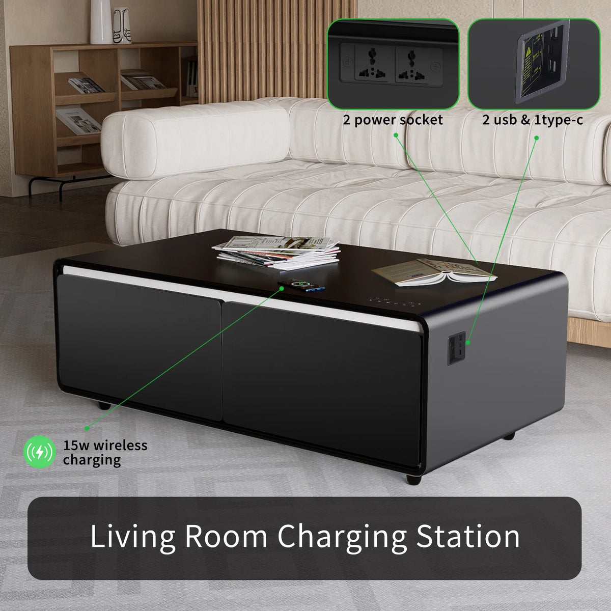 Modern Smart Coffee Table with Built-in Fridge, Bluetooth Speaker, Wireless Charging Module, Touch Control Panel, Power Socket,  Interface, Outlet Protection, Atmosphere light, Black