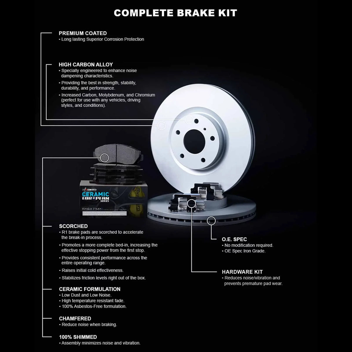R1 Concepts Wdth1 59006 R1 Brake Rotors Carbon Coated W/ Euro Ceramic Pads & Fits select: 2017-2020