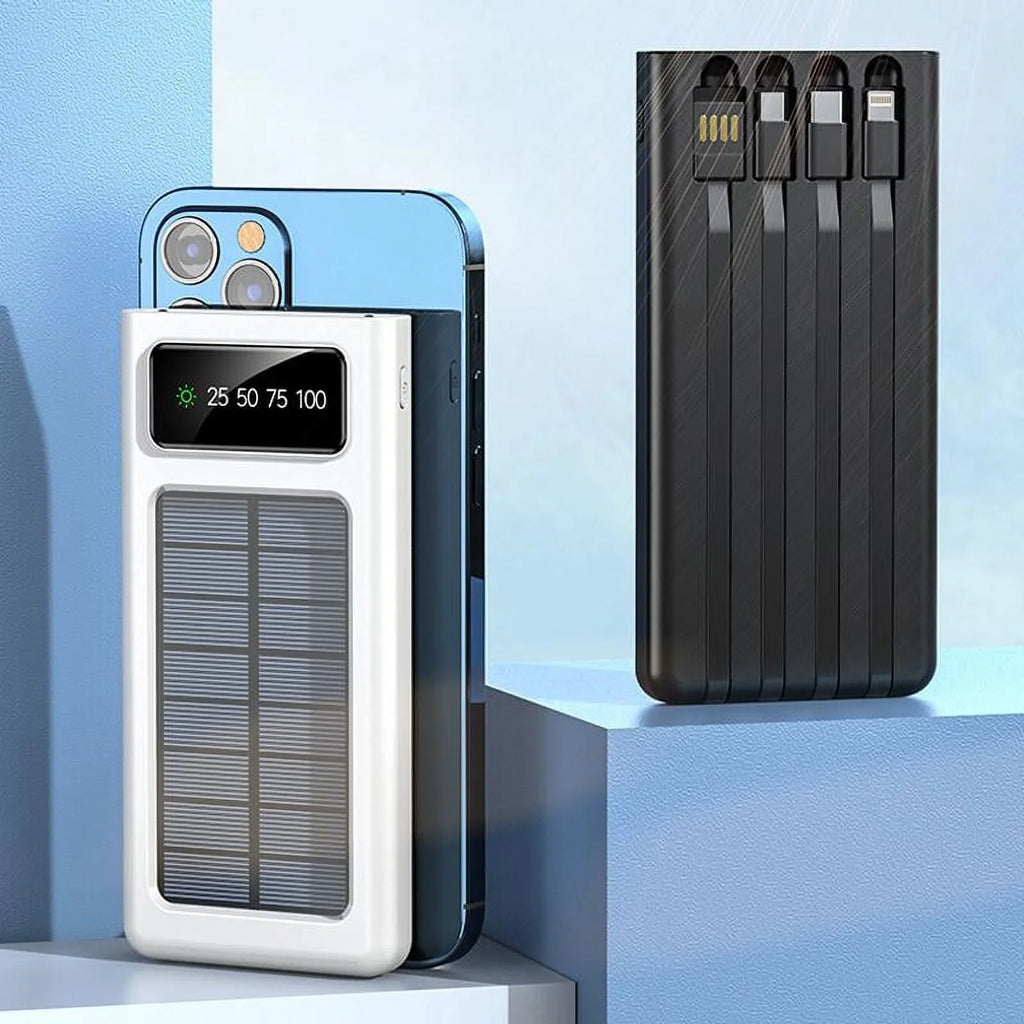 Solar Power Bank 20000Mah Built In 4 Cables Portable Charger W Dual  Flash