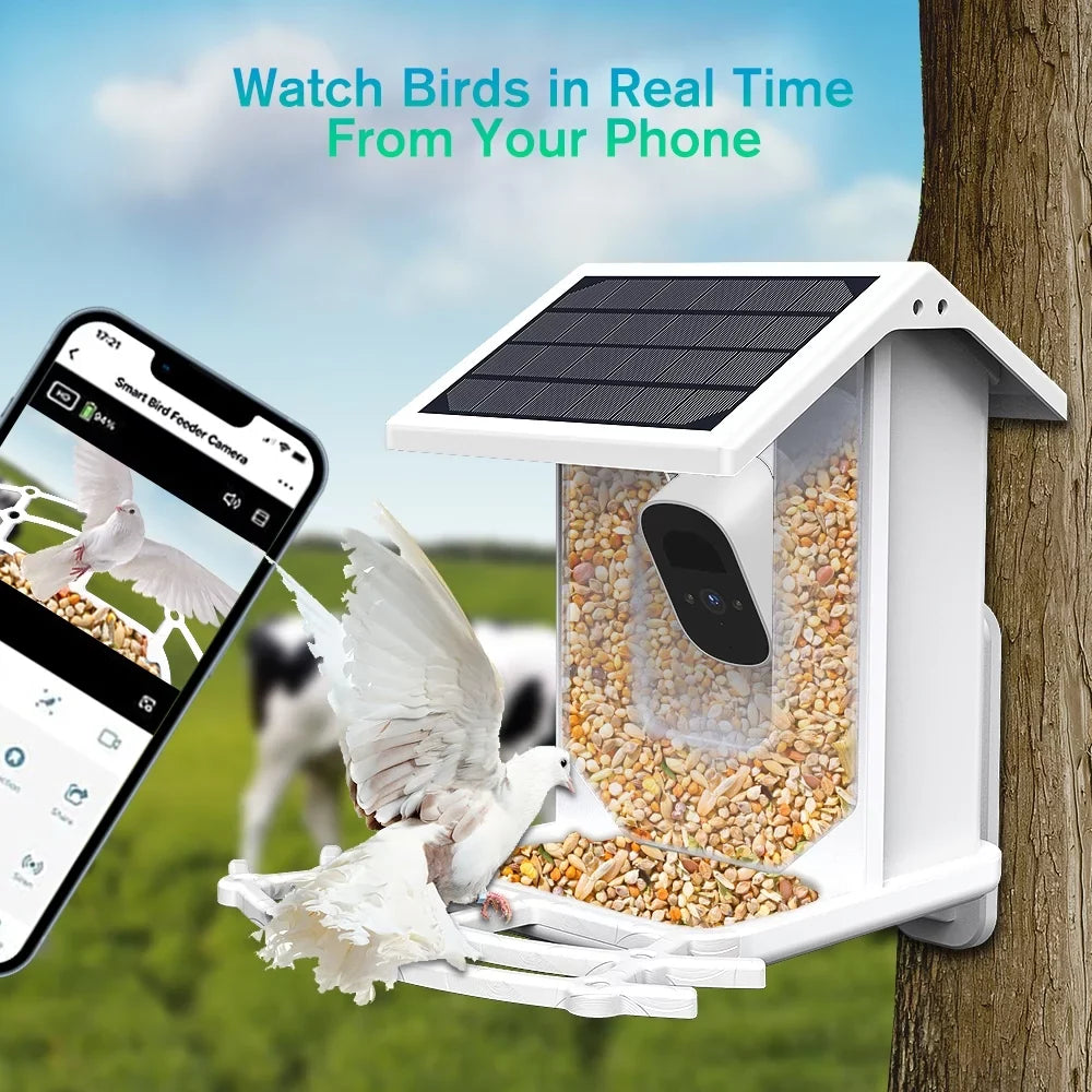 Smart Bird Feeder with Camera, 1080P  Camera Auto Capture Bird Videos & Solar Panel,  Identify Bird Species,  Control 2.4G Wi-Fi Bird House, White