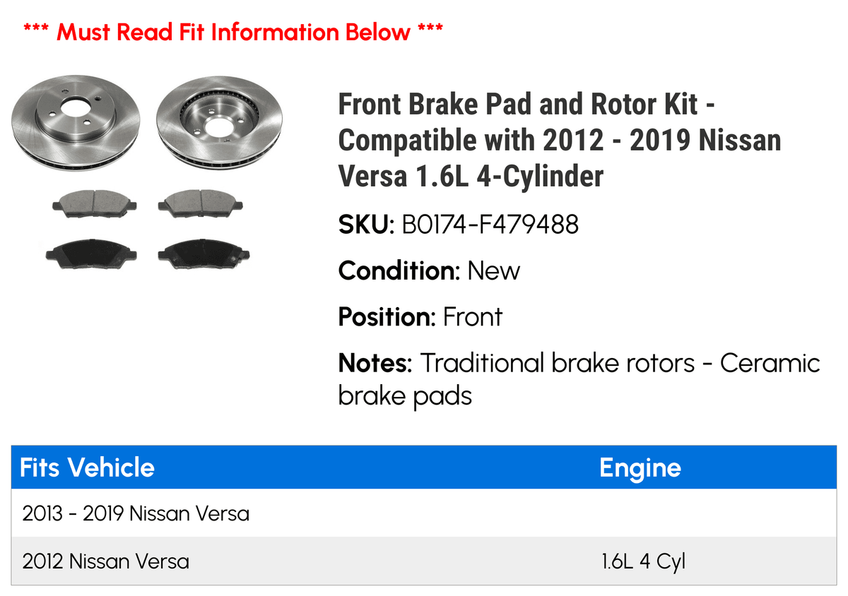 Front Brake Pad and Rotor Kit - Compatible with 2012 - 2019 Nissan Versa 1.6L 4-Cylinder 2013 2014 2015 2016 2017 2018