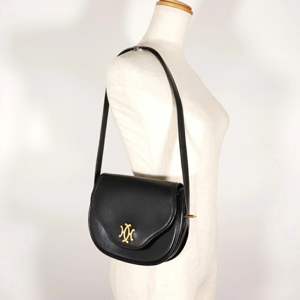 Pre-Owned Hermes  Double H Shoulder Bag Vintage Calf Made in France 1983 Black/Gold Hardware 〇M Crossbody Snap Button Ladies (Fair)