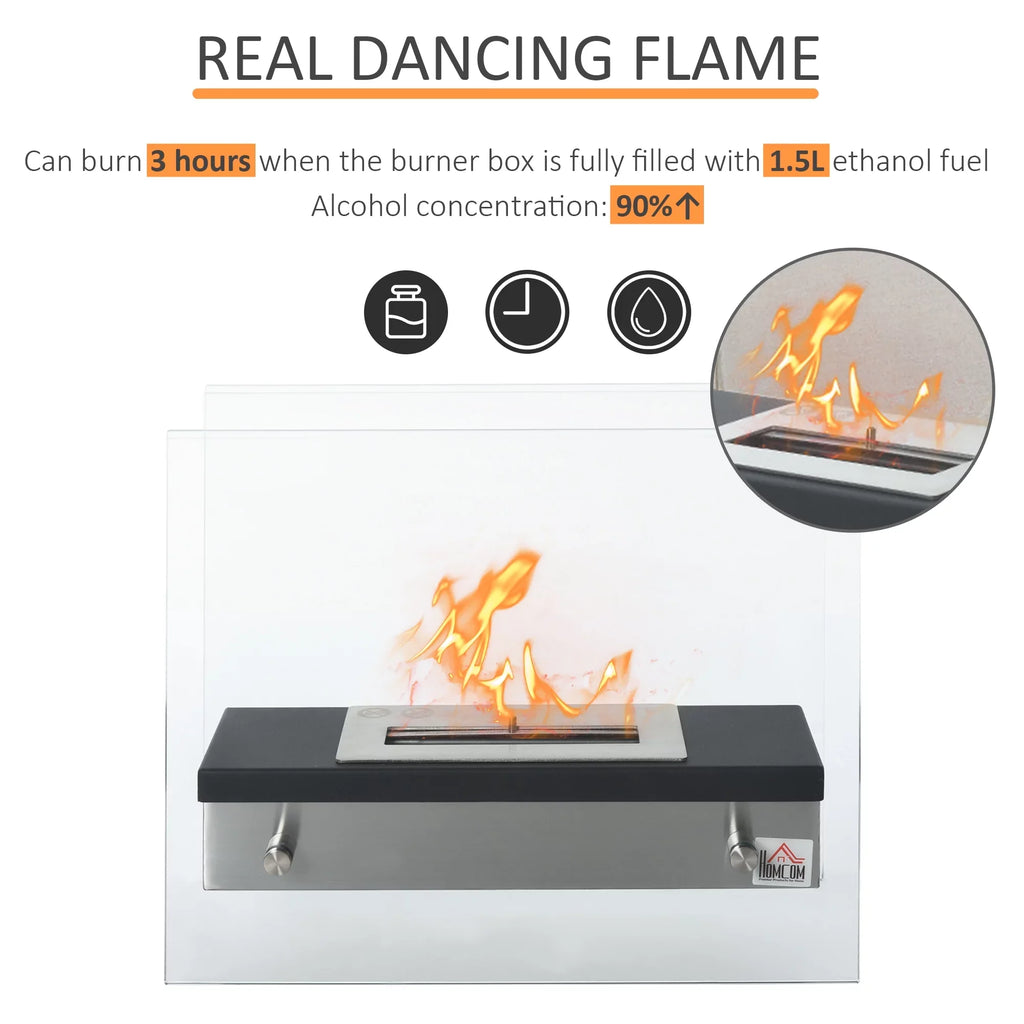 Ethanol Fireplace, 18.5" Tabletop 0.39 Gal Stainless Steel 269 Sq. Ft., Burns up to 3 Hours, Black
