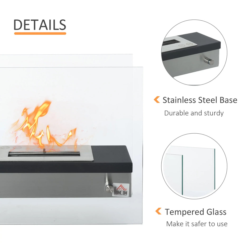 Ethanol Fireplace, 18.5" Tabletop 0.39 Gal Stainless Steel 269 Sq. Ft., Burns up to 3 Hours, Black