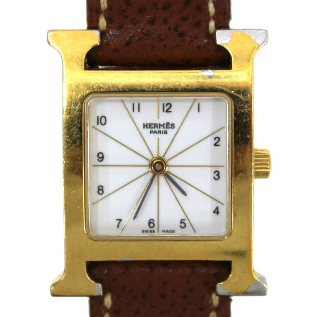 Pre-Owned  Hermes H Watch Ladies Quartz Gold x Brown Dial: White HH1.201 □G (Good)