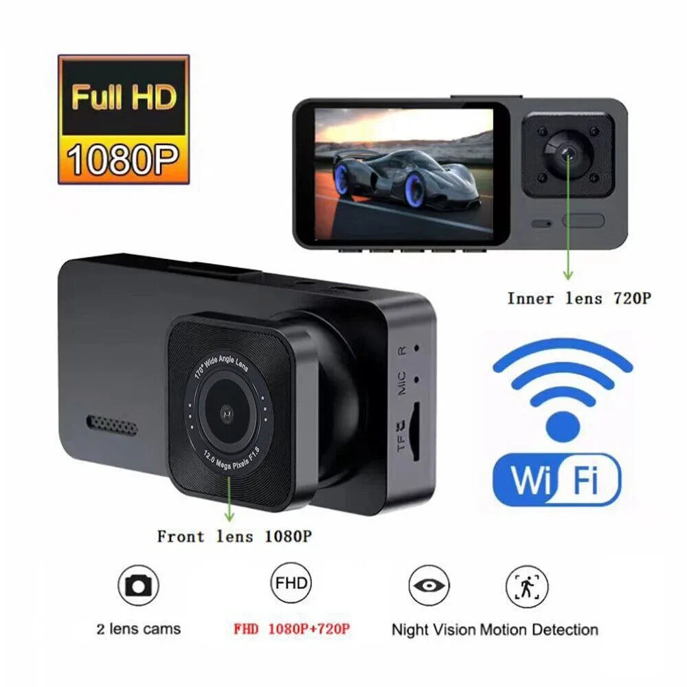 Paddsun Car Dual Lens Dash Camera Cam  1080P Front/Rear/Inside Video Recorder G-Sensor