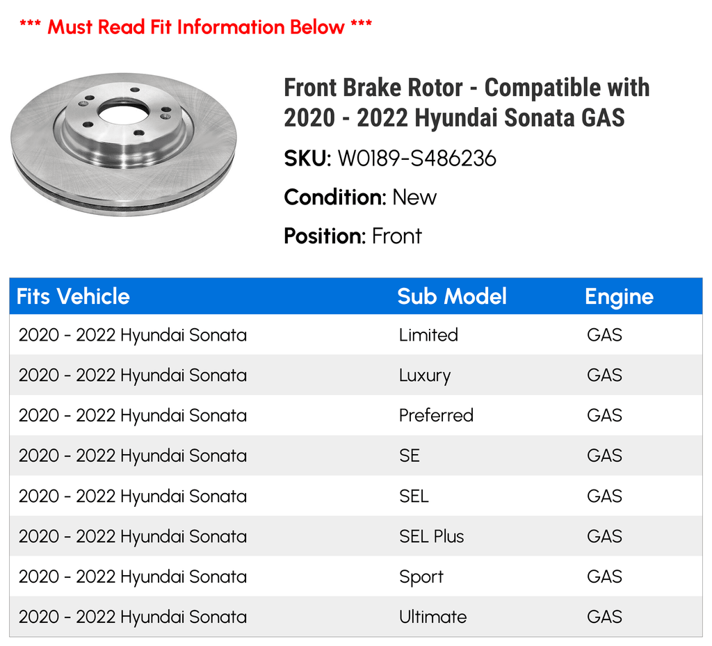 Front Disc Brake Rotor - Compatible with 2020 - 2022 Hyundai Sonata  2021