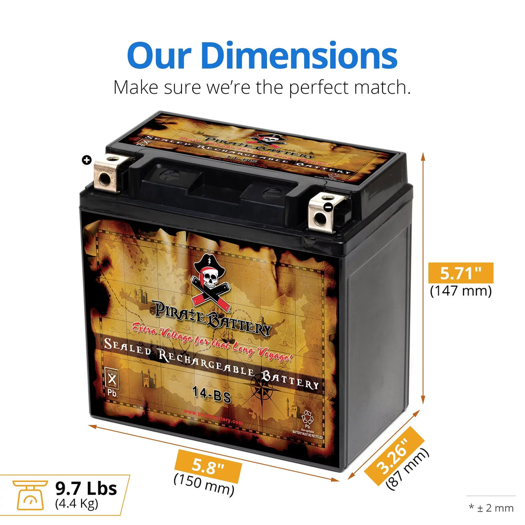 Pirate Battery YTX14- (14- 12 Volt,12 Ah, 200 ) Motorcycle Battery for Honda 1100cc Vt1100c, C3, T Shadow (spirit, Aero, A. C. E. Tourer) 2005