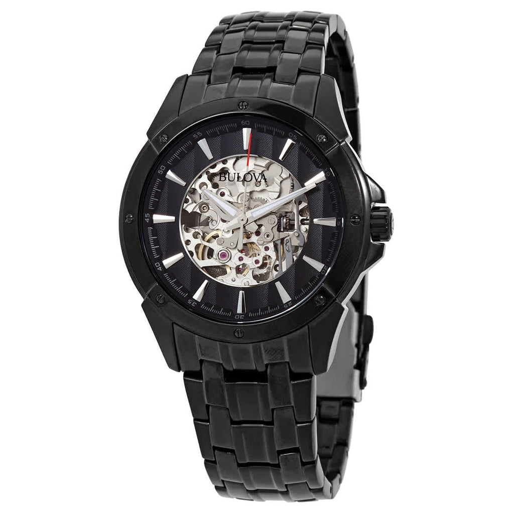 Men's Black and Silver Skeleton Dial Black  Steel Bracelet Automatic Watch 98A147