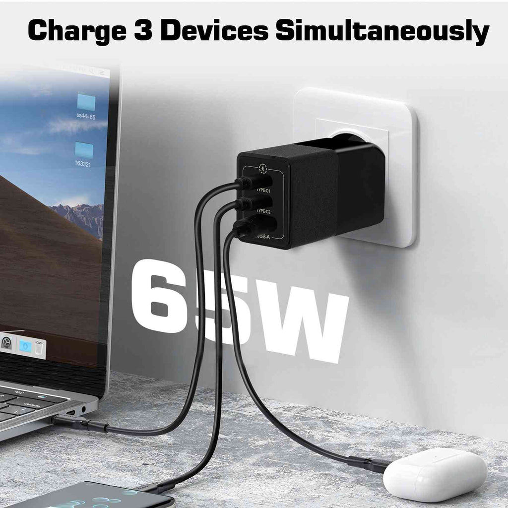 UrbanX 65W Fast Travel Charger with 3 Ports  & Dual -C High-Speed Charging Compatible with Doogee S86/S88 Plus/S96 Pro/S58 Pro/S59, iPhone, Samsung Galaxy, Google Pixel, MacBook, Steam Deck