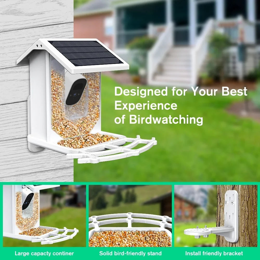 Smart Bird Feeder with Camera, 1080P  Camera Auto Capture Bird Videos & Solar Panel,  Identify Bird Species,  Control 2.4G Wi-Fi Bird House, White
