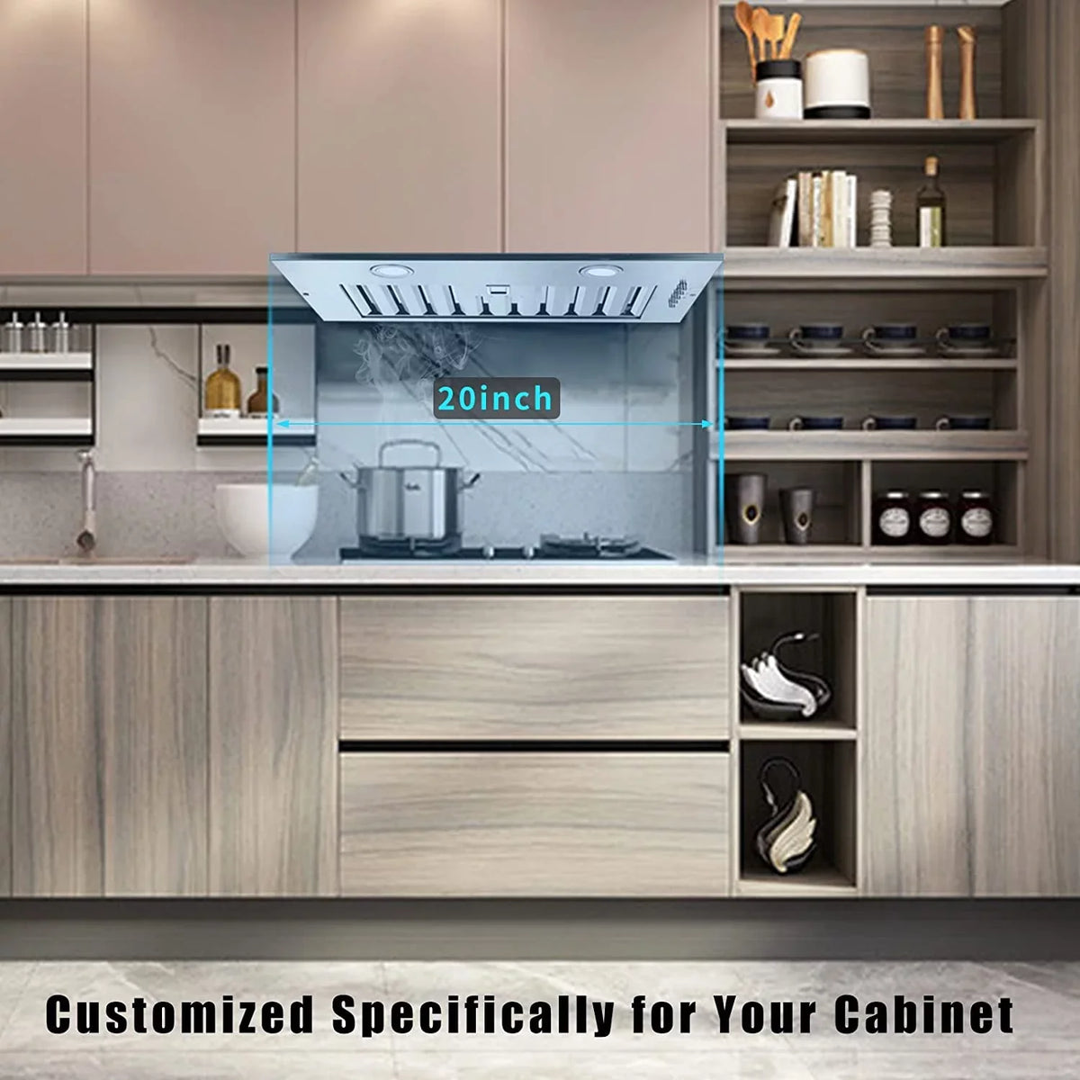 Range Hood 20 inch Built in Range Hood 600 Cfm Vent 3-Speed Non-Ducted Integrated Cabinet