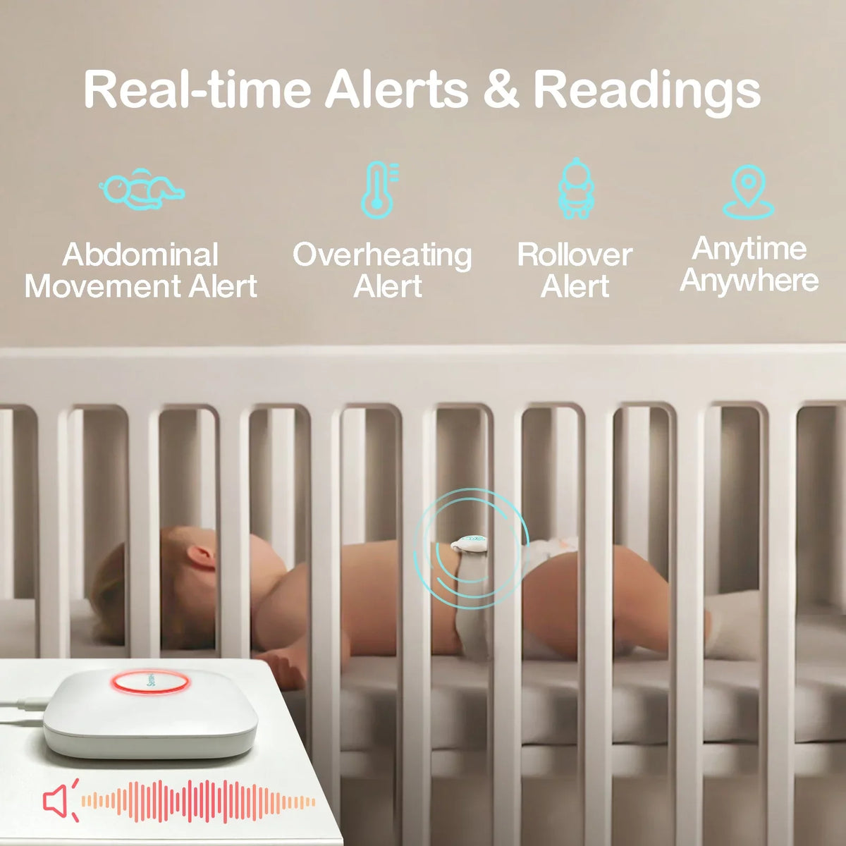 Sense-U Smart Baby Abdominal Movement Monitor - Tracks Baby's Abdominal Movement, Temperature, Rollover, Sleeping Position and Humidity on Smartphone and Base Station - Anytime, Anywhere, Green