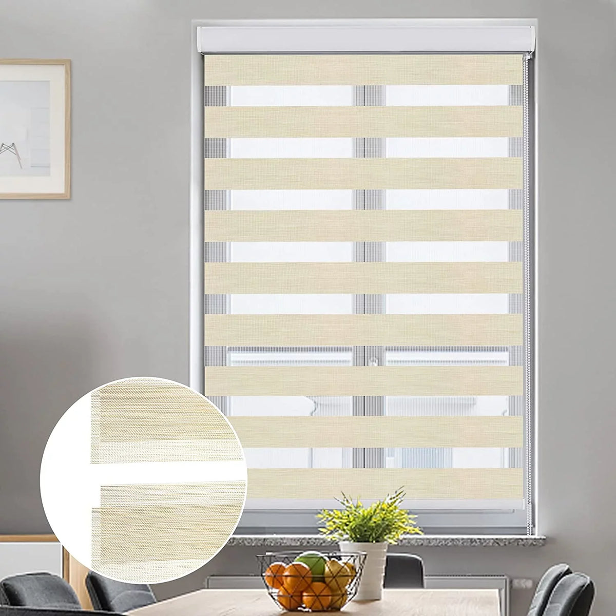 Zebra Blinds for Windows, Dual Layer Roller Sheer Shades Blinds for Day and Night, Light Control Window Treatments Shades with Valance Cover, 29" W x 72" L, Striped Beige