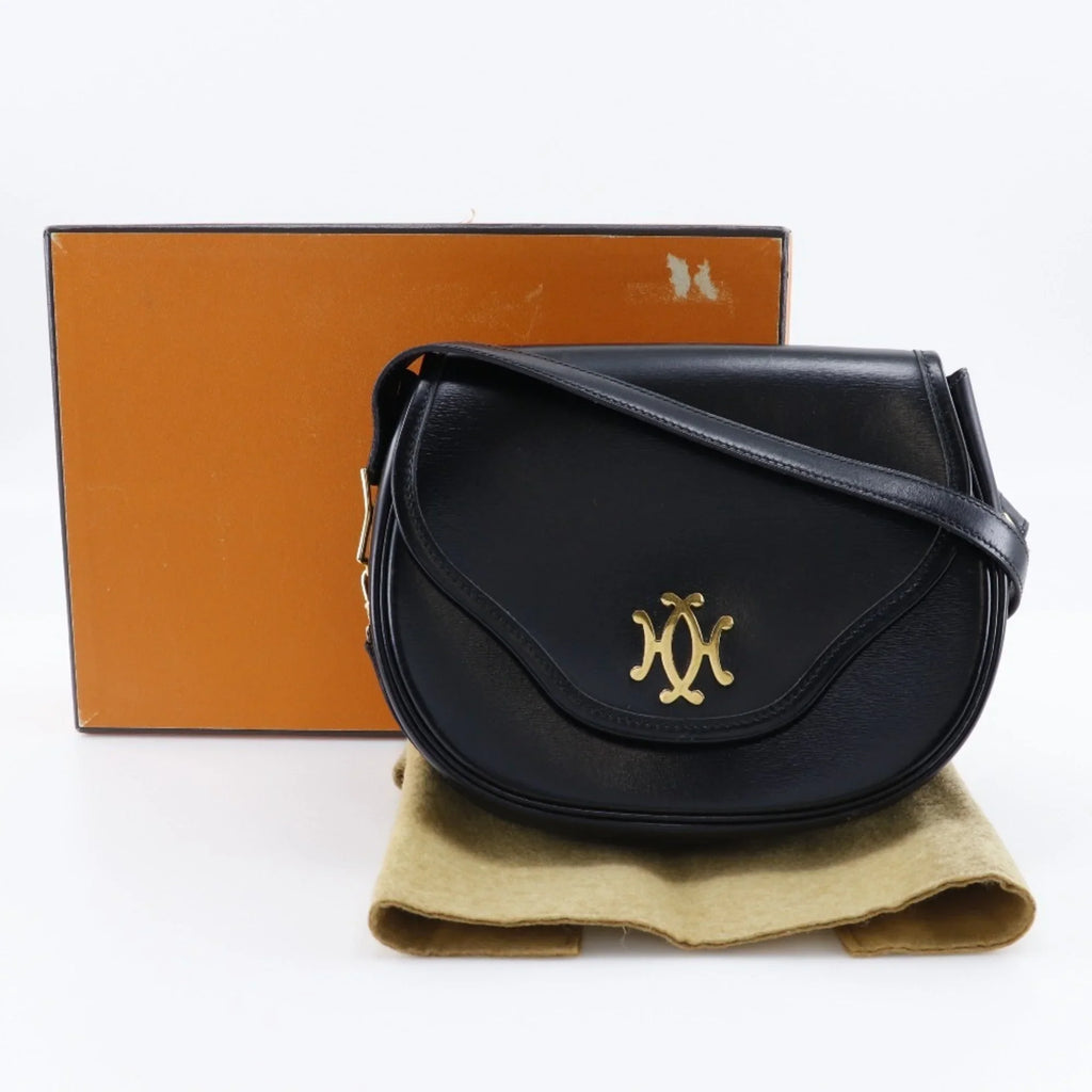 Pre-Owned Hermes  Double H Shoulder Bag Vintage Calf Made in France 1983 Black/Gold Hardware 〇M Crossbody Snap Button Ladies (Fair)