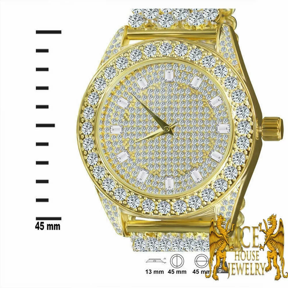 Luxury Iced Khronos Celebrity Wear Yellow Gold Finish Simulated Diamonds Custom Band Solitaire Bezel Joe Rodeo JoJo Watch