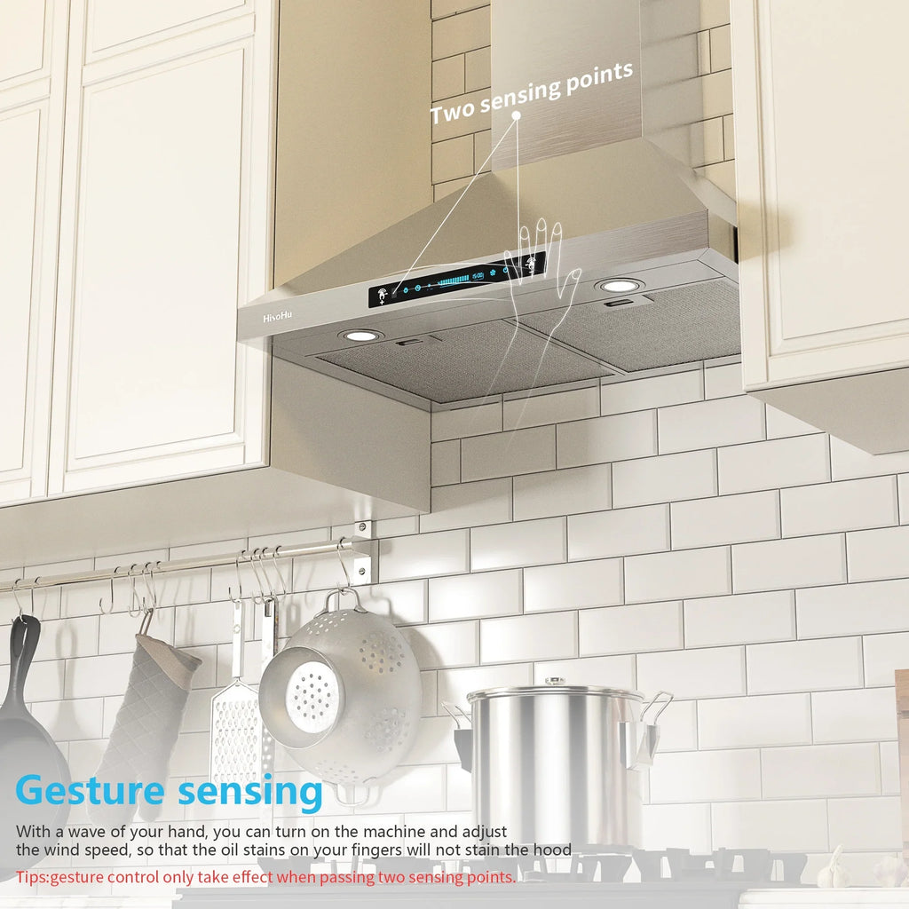 HisoHu Wall Mount Kitchen Hood Range Hoods with Ducted/Ductless Convertible Duct, 36 Inch 780  Stainless Steel Vent Hood, 4 Speed Gesture Sensing Exhaust Hood with Dimmable  lights(A02-36")