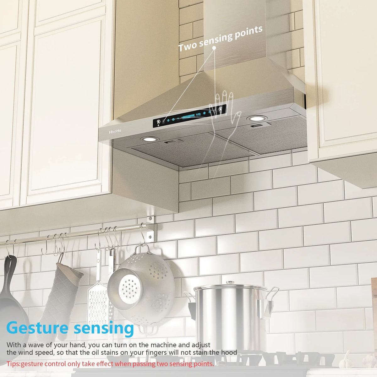 HisoHu Wall Mount Kitchen Hood Range Hoods with Ducted/Ductless Convertible Duct, 36 Inch 780  Stainless Steel Vent Hood, 4 Speed Gesture Sensing Exhaust Hood with Dimmable  lights(A02-36")