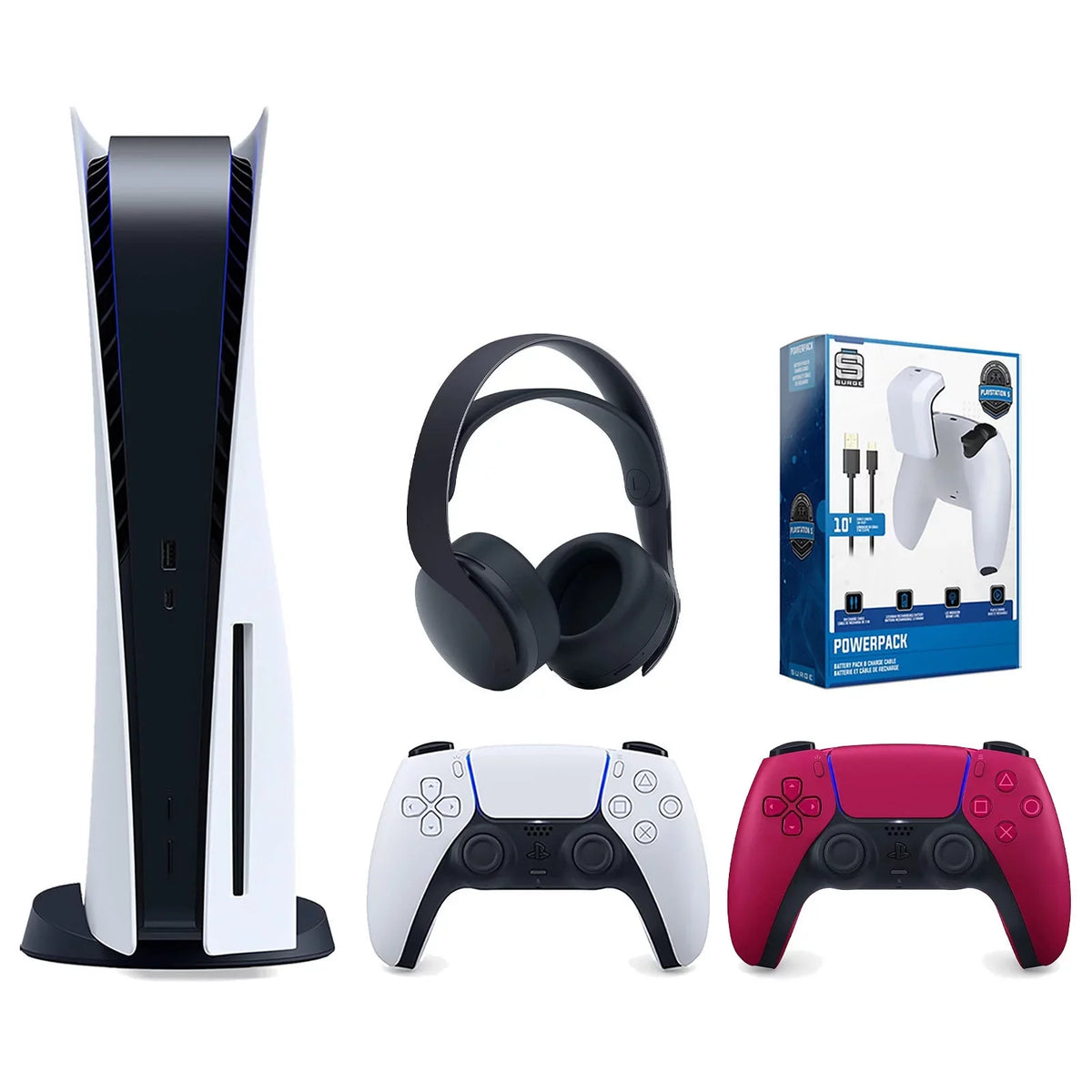 Sony Playstation 5 Disc Version Console with Extra Red Controller, Black  3D Headset and Surge PowerPack Battery Pack & Charge Cable Bundle