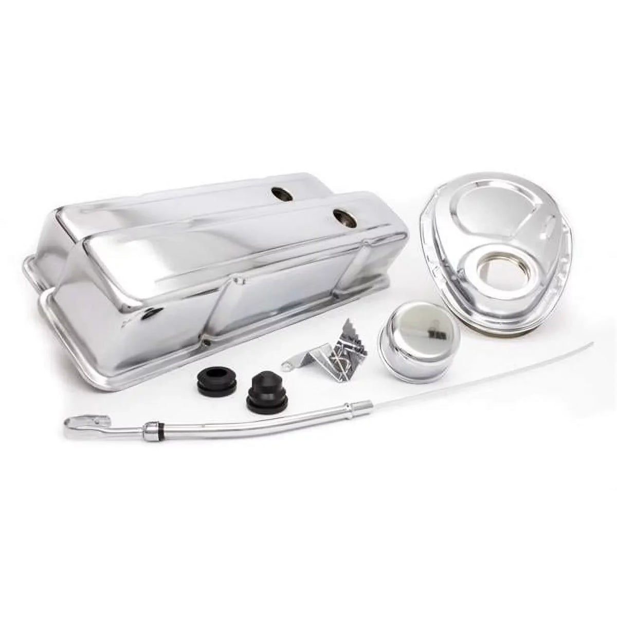 Racing Power  Tall Valve Covers-Breather-Dipstick-Grommets-Timing Cover-Timing Tab Engine Dress Up Kit Steel Chrome Small Block Chevy - Kit