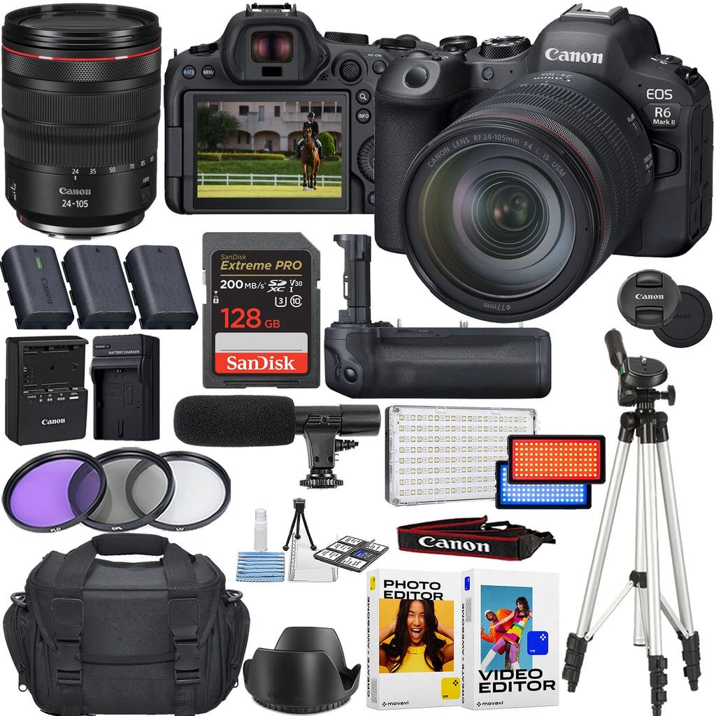 Canon  R6 Mark  Mirrorless Camera w/ Canon  24-105mm f/4 L   Lens + 128GB Memory Card +  Video Light + Microphone + Battery Grip & More