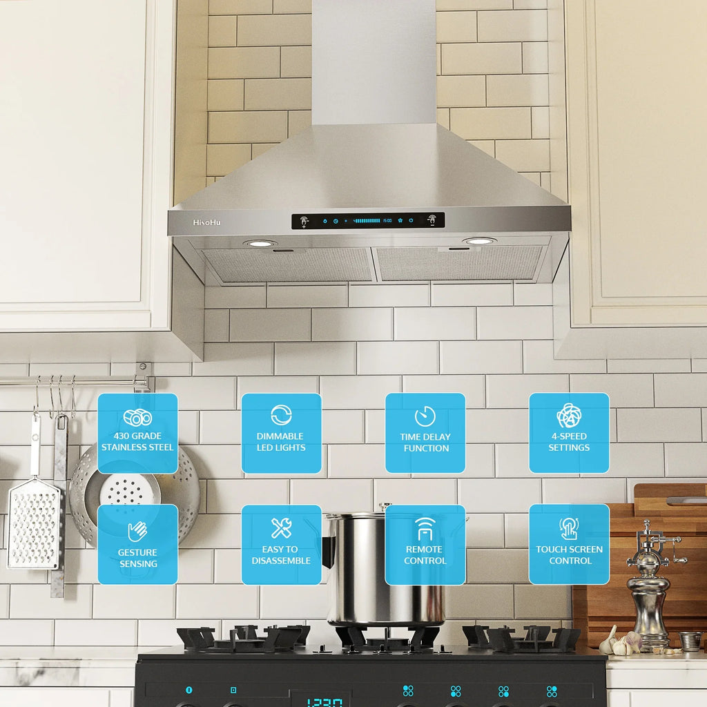 HisoHu Wall Mount Kitchen Hood Range Hoods with Ducted/Ductless Convertible Duct, 36 Inch 780  Stainless Steel Vent Hood, 4 Speed Gesture Sensing Exhaust Hood with Dimmable  lights(A02-36")