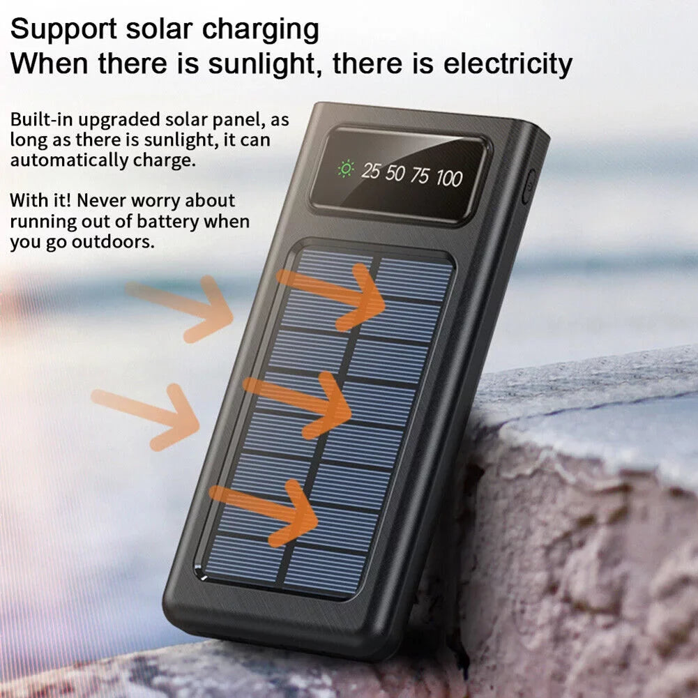 Solar Power Bank 20000Mah Built In 4 Cables Portable Charger W Dual  Flash
