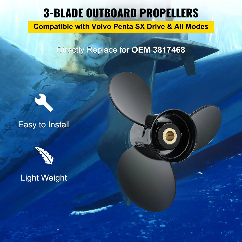 Outboard Propeller, 3-Blade 14.5" x 19" Boat Propeller, Replace for  3817468, Compatible with  Sterndrives Outboard Volvo Penta Engine, Right-handed Aluminium Propeller & 19 Spline Teeth