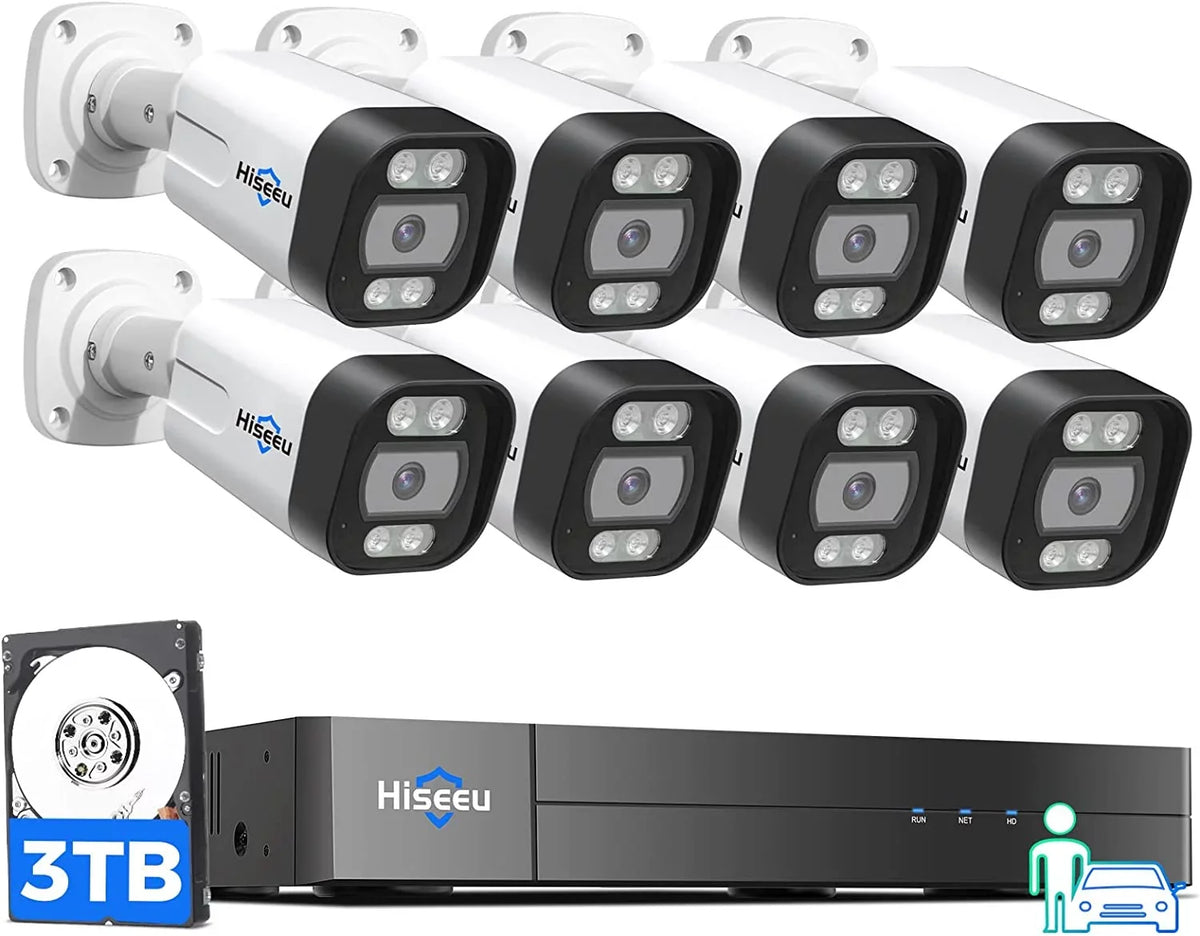 Hiseeu PoE Security Camera System,8PCS 5MP  Security Camera for Indoor Outdoor,4K PoE  16CH Expandable with 3TB Hard Drive,Person/Vehicle Detect,Audio Video Monitoring